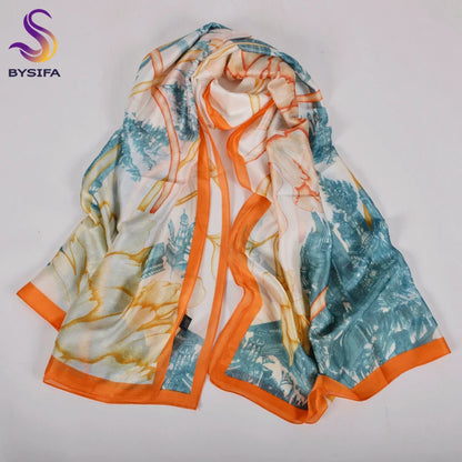 [BYSIFA] Navy Blue Chinese Roses Women Scarves Fall Winter Utrlong Top Grade Brand Trendy Silk Letters Long Scarf Shawl Wrap - AMULET RING STORE