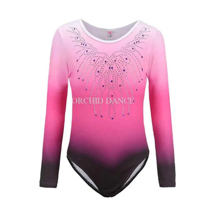 Hot Sale Cheap Kids Girls Child Pink Blue Purple Rhinestones Long Sleeve Leotards Gymnastics for sale