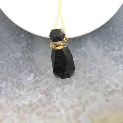 Natural Obsidian Faceted Perfume Bottle Pendants Necklaces,Pink Tourmaline Quartz Essential Oil Diffuser Vial Charms Jewelry - AMULET RING STORE