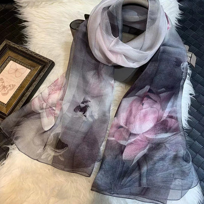 BYSIFA|New Black Pink Peony 100% Silk Shawl Scarf Women Chiffon Long Silk Scarves Cape Summer Foulard Winter Brand Scarves Wraps