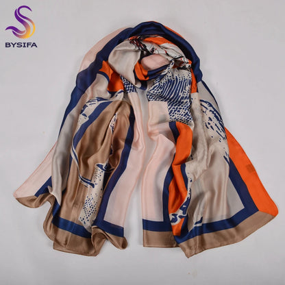 [BYSIFA] Navy Blue Chinese Roses Women Scarves Fall Winter Utrlong Top Grade Brand Trendy Silk Letters Long Scarf Shawl Wrap - AMULET RING STORE