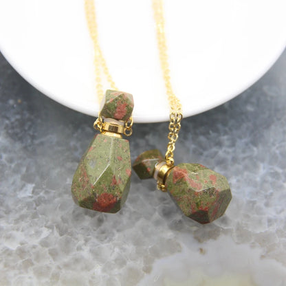 Natural Obsidian Faceted Perfume Bottle Pendants Necklaces,Pink Tourmaline Quartz Essential Oil Diffuser Vial Charms Jewelry - AMULET RING STORE
