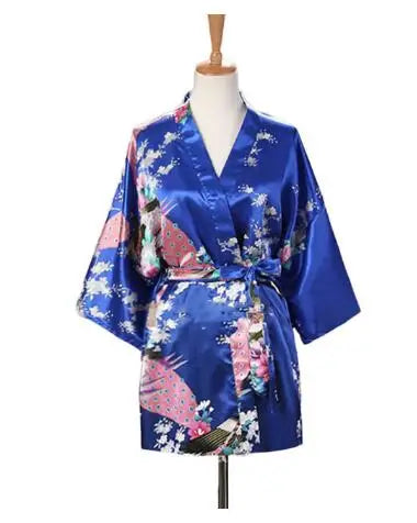 Lace Up Woman Peacock Print Japanese Kimono Yukata Silk Satin Short Style Sleepwear Home Nightgown Bath Robe Costume - AMULET RING STORE