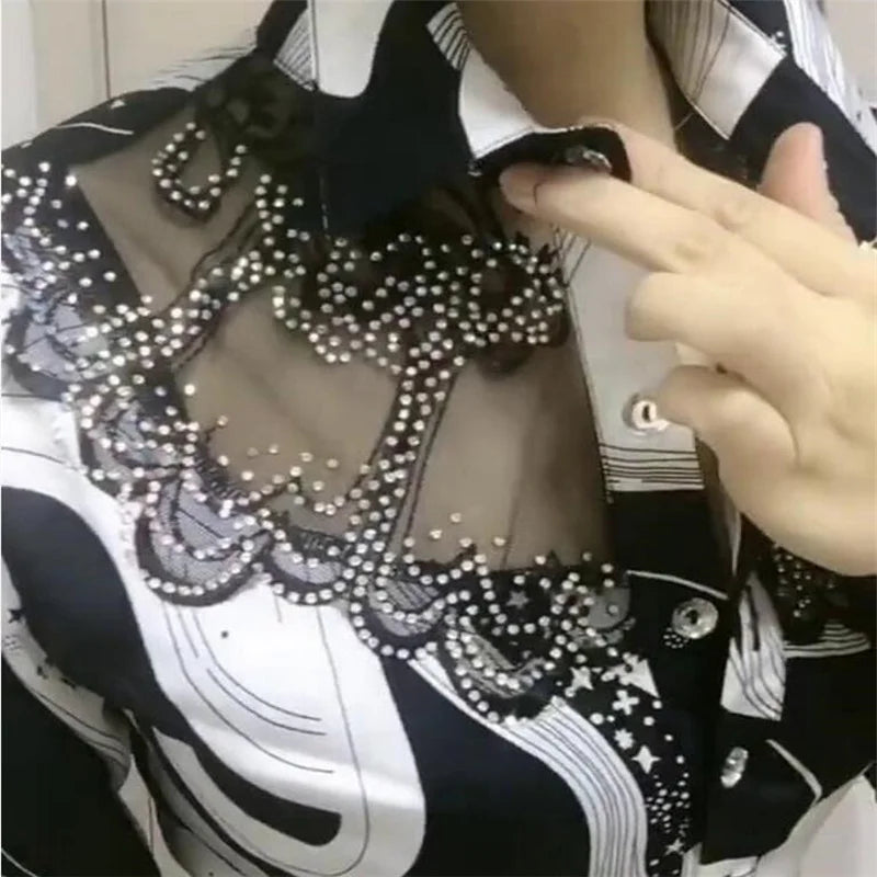 Trendy Streetwear Offce Women Blouses Hot drill Mesh Chiffon Shirts Long sleeve Lapel Buttons Female Blusas Tops Casual Shirts