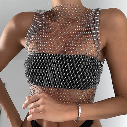 Women's Fishnet Rhinestone Crop Top 2024 Summer Sexy Mesh High Elastic Black White Shirt Net See Through Rave Diamond Tank Top - AMULET RING STORE