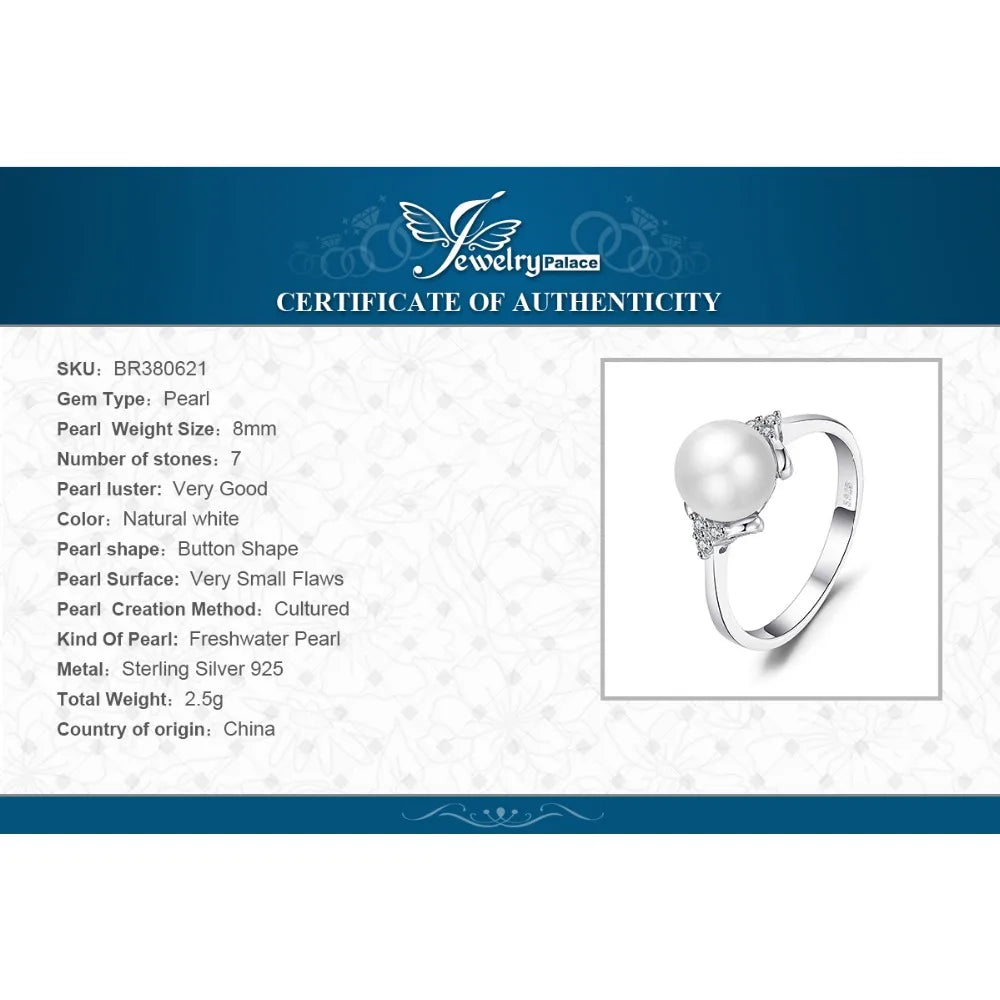 JewelryPalace 8mm White Shell Pearl 925 Sterling Silver Rings for Women Engagement Trendy Ring Fashion Gift Fine Jewelry