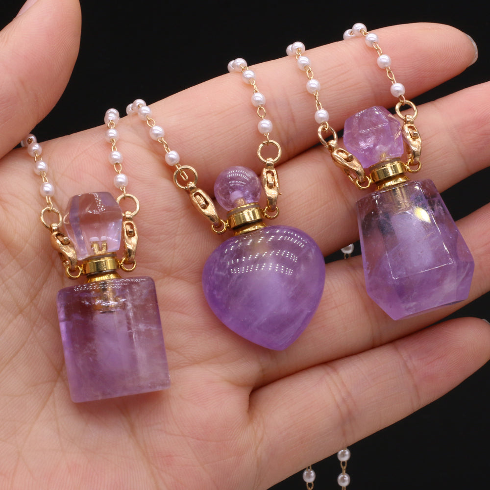 Natural Amethysts Perfume Bottle Pendant Necklace Pearl Chains Essential Oil Diffuser Agates Pendant Necklace For Women Jewerly - AMULET RING STORE