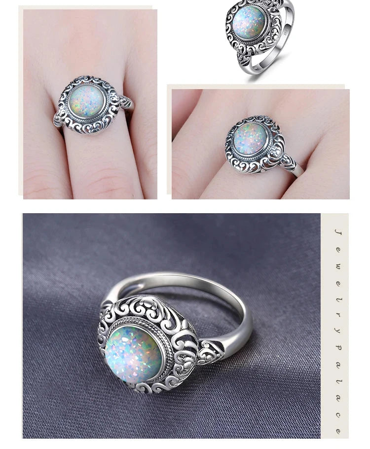 JewelryPalace Vintage 1.5ct Huge Created Opal Ring Unique Open Adjustable Cocktail 925 Sterling Silver Rings for Women Jewelry - AMULET RING STORE