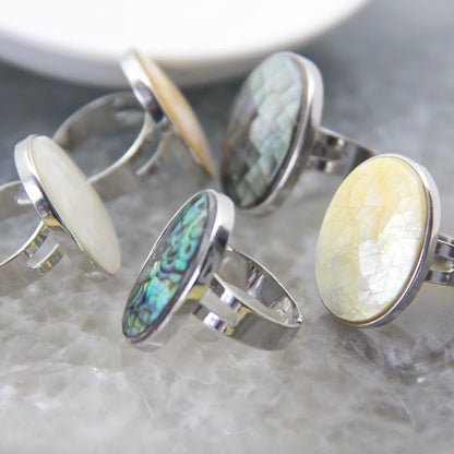 Natural Beautiful Abalone Shell Adjustable Rings, Pearl Classic Round Shape Rings,Finger Rings Reiki Heal Geode Rings Jewelry