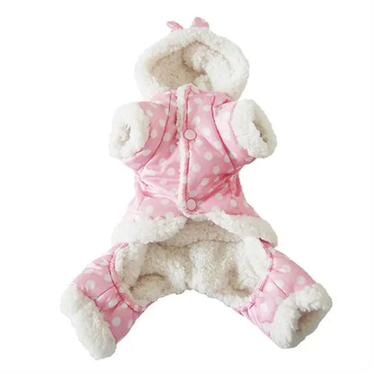 Small Dog Snowsuit Polka Dot Pattern Fleece Winter Coat For Girls Dogs Jumpsuit Hooded Waterproof Outdoor Cotton Padded Dog Coat - AMULET RING STORE