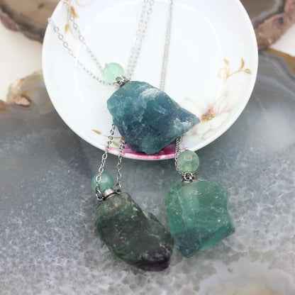 Raw Fluorite Perfume Bottle Pendants,Plated Silvers Necklace Natural Gems stone Quartz Nugget Essential Oil Diffuser Vial Charms - AMULET RING STORE