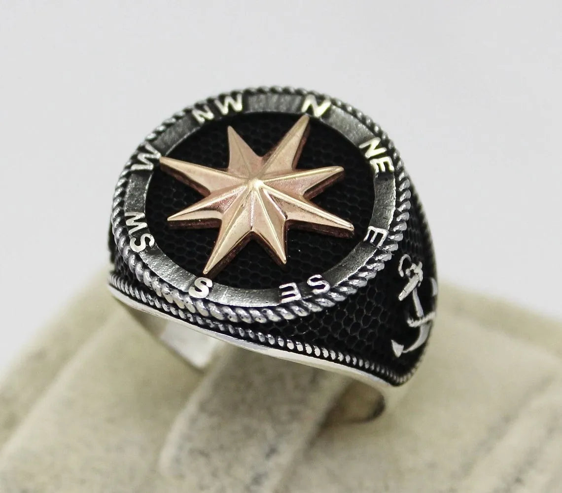 925 Sterling Silver Sailor's Compass Anchor Rudder Men's Ring Special Ring Jewelry Access For Men Gift Idea Made in Turkey