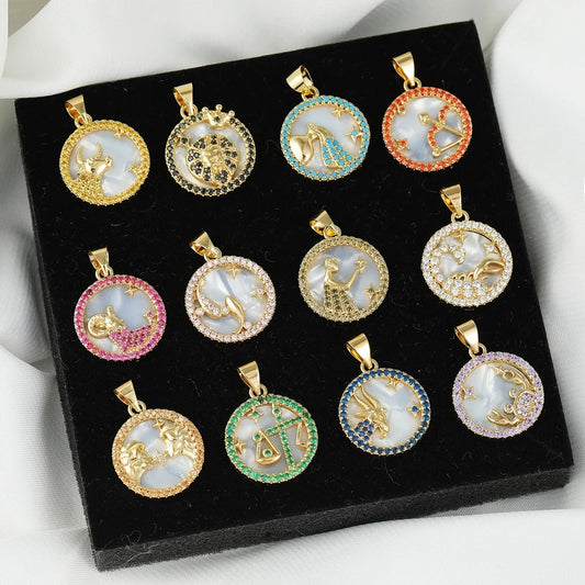 Juya DIY Imitation Pearl Shell 18K Gold Plated 12 Zodiac Charms For Handmade Fashion Birthstone Season Pendants Jewelry Making