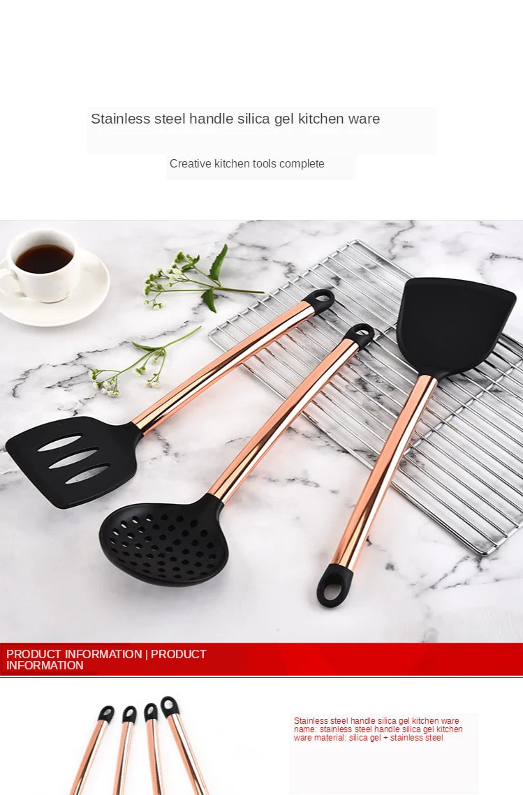 Silicone Kitchenware Large Colander Spatula Soup Spoon Rose Gold Stainless Steel Non-stick Home Kitchen Supplies Cooking Tools