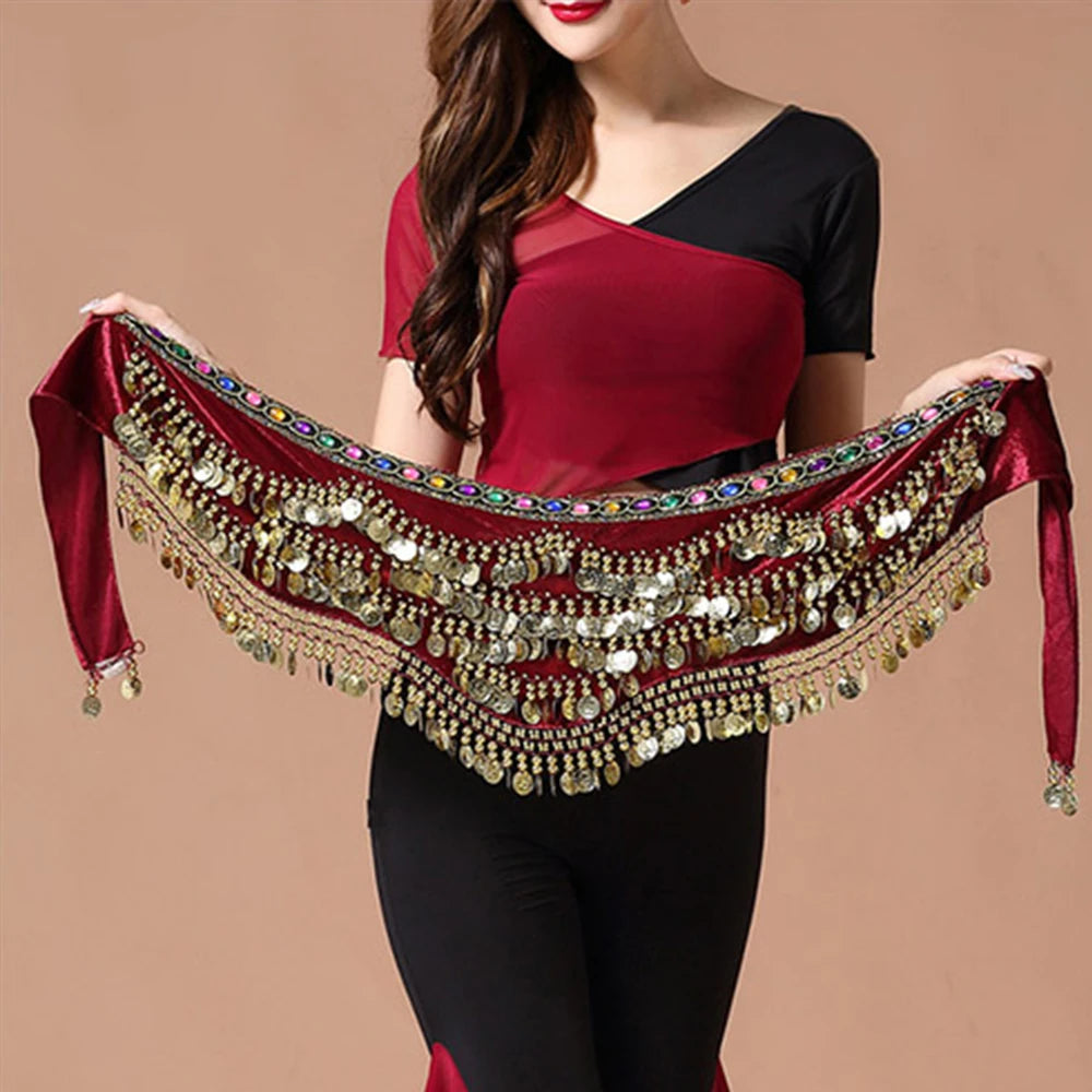 1PC New Style Belly Dance Belt Newest Multi-color Glass Silk Velvet Dancing Belt Scarf Crystal BellyDance Waist Chain Hip Scarf - AMULET RING STORE