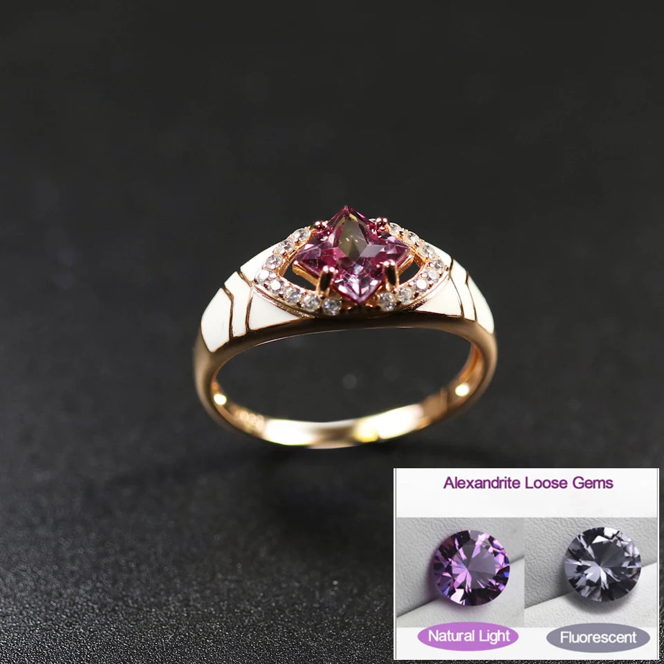 Color Change Alexandrite Ring Genuine 925 Sterling Silver Enamel Created Gemstone Fine Gold Jewelry for Women Ladies Rings Gift