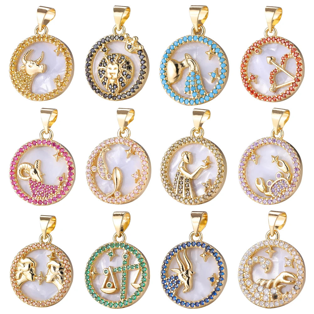 Juya DIY Imitation Pearl Shell 18K Gold Plated 12 Zodiac Charms For Handmade Fashion Birthstone Season Pendants Jewelry Making