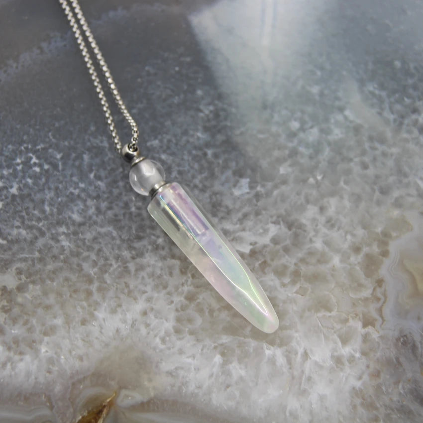 New! Rainbow Aura Titanium Raw Crystal Point Perfume Bottle Necklace Pendants,AB Quartz Essential Oil Diffuser Vial Charms Chain - AMULET RING STORE