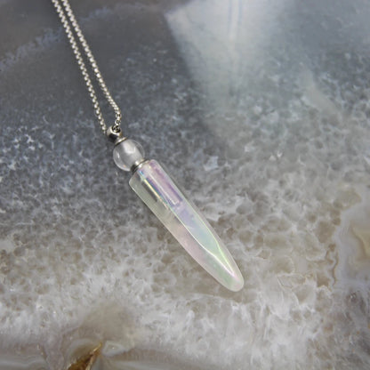 New! Rainbow Aura Titanium Raw Crystal Point Perfume Bottle Necklace Pendants,AB Quartz Essential Oil Diffuser Vial Charms Chain - AMULET RING STORE