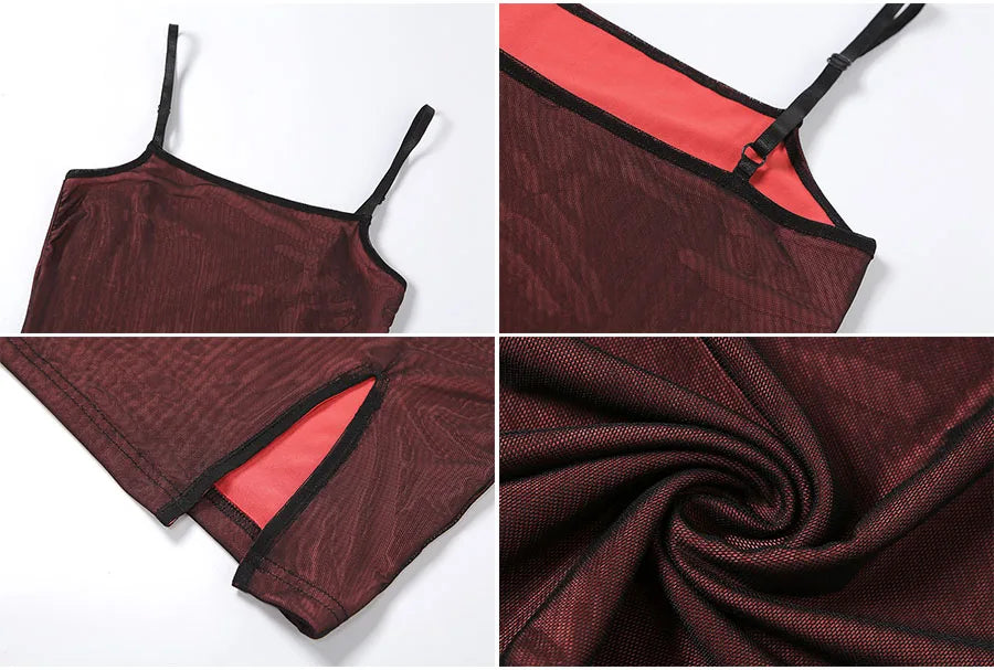 Mesh Double Layer Sexy Skinny Dress Women Sleeveless Party Bodycon 2023 Bandage Elastic Split Trend Clubwear Slim Outfit - AMULET RING STORE