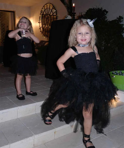 Girls Pink Black Tutu Dress V-neck Train Girl Evening Birthday Party Tulle Dresses Girl Ball Gown Dress Kids Halloween Costumes