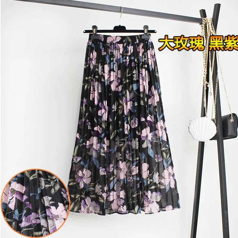 Women Summer Boho Chiffon Long Skirt Elegant Floral Print Pleated Skirts Elastic High Waist Casual Midi Skirt Women Clothes 2021
