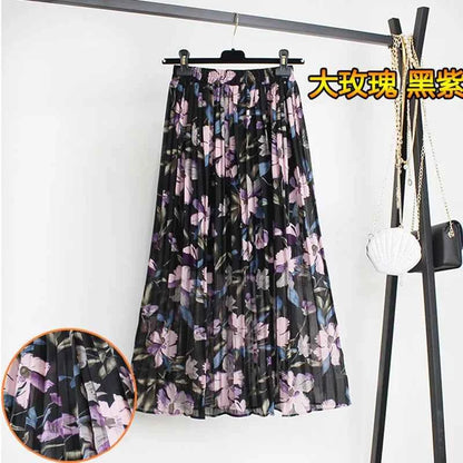 Women Summer Boho Chiffon Long Skirt Elegant Floral Print Pleated Skirts Elastic High Waist Casual Midi Skirt Women Clothes 2021