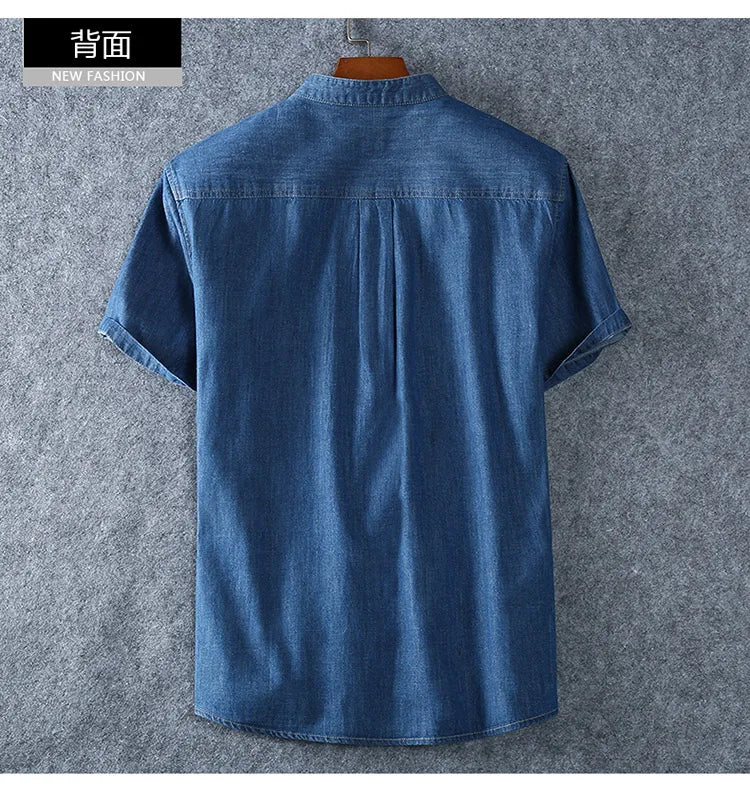 Men's Blue Denim Shirts Short Sleeve Jean Shirts New Summer High Quality Men Cotton Light Blue Denim Shirts Plus size L-8XL