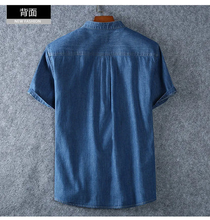 Men's Blue Denim Shirts Short Sleeve Jean Shirts New Summer High Quality Men Cotton Light Blue Denim Shirts Plus size L-8XL