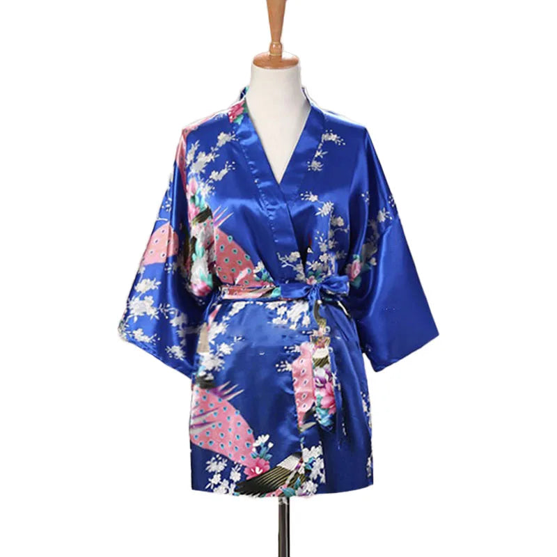 Lace Up Woman Peacock Print Japanese Kimono Yukata Silk Satin Short Style Sleepwear Home Nightgown Bath Robe Costume - AMULET RING STORE