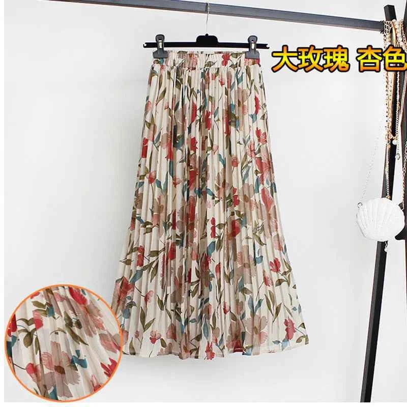 Women Summer Boho Chiffon Long Skirt Elegant Floral Print Pleated Skirts Elastic High Waist Casual Midi Skirt Women Clothes 2021