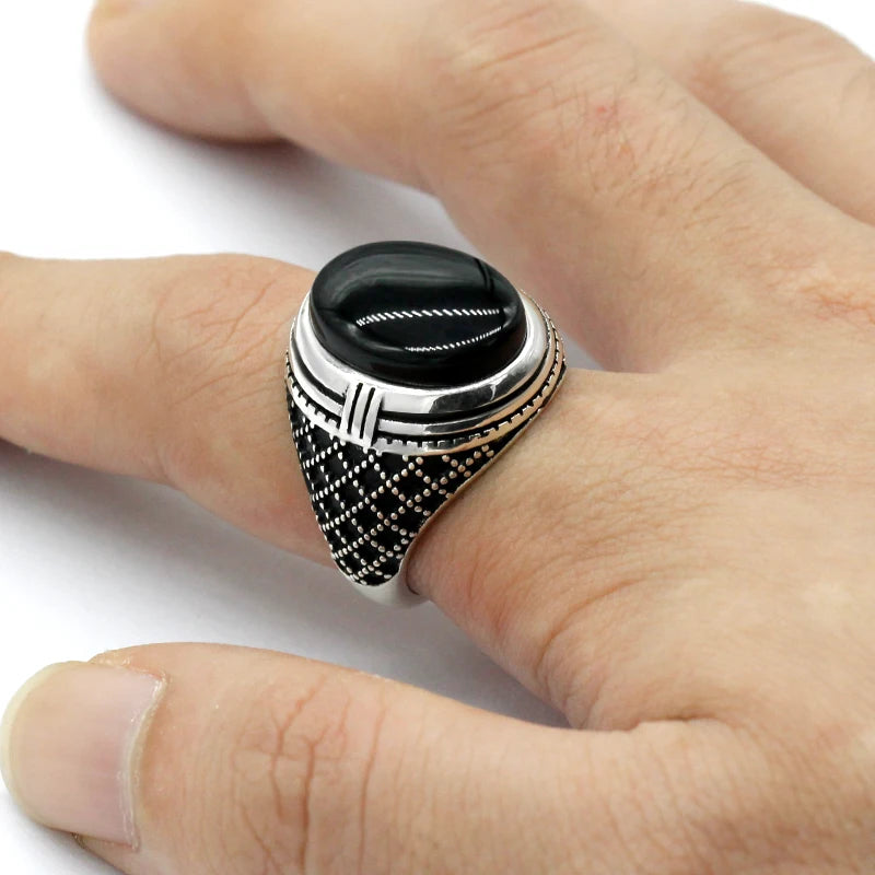 925 Sterling Silver Men Ring Bezel Setting Natural Black Agate Stone Retro Punk Thai Silver Ring for Man Women Silver Jewelry AMULET RING STORE