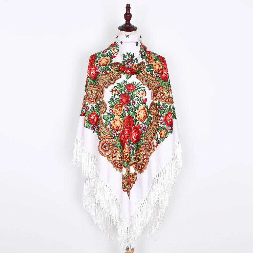 Russian Scarf Head Wrap for Women Luxury Ukrainian Manila Shawls Folk Cotton 160cm National Shawl Floral Print Travel Bandana - AMULET RING STORE