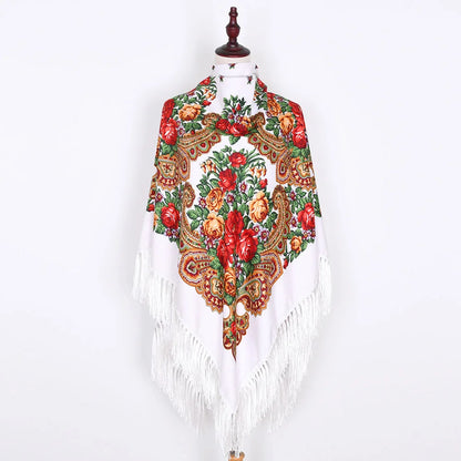 Russian Scarf Head Wrap for Women Luxury Ukrainian Manila Shawls Folk Cotton 160cm National Shawl Floral Print Travel Bandana - AMULET RING STORE