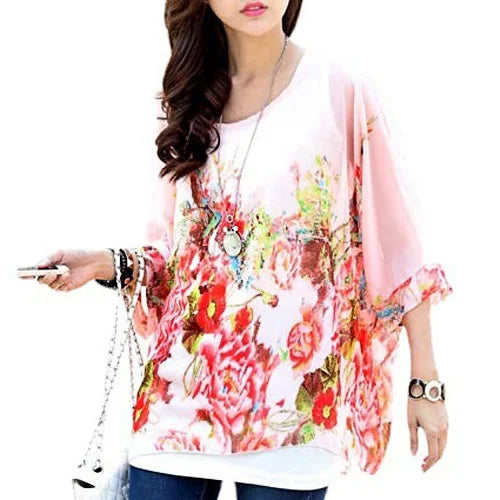 Summer Blouse Shirt 2021 New Fashion Women Casual Chiffon Blouses Tops Plus Size 4XL 5XL 6XL Batwing Sleeve Women's Shirts - AMULET RING STORE
