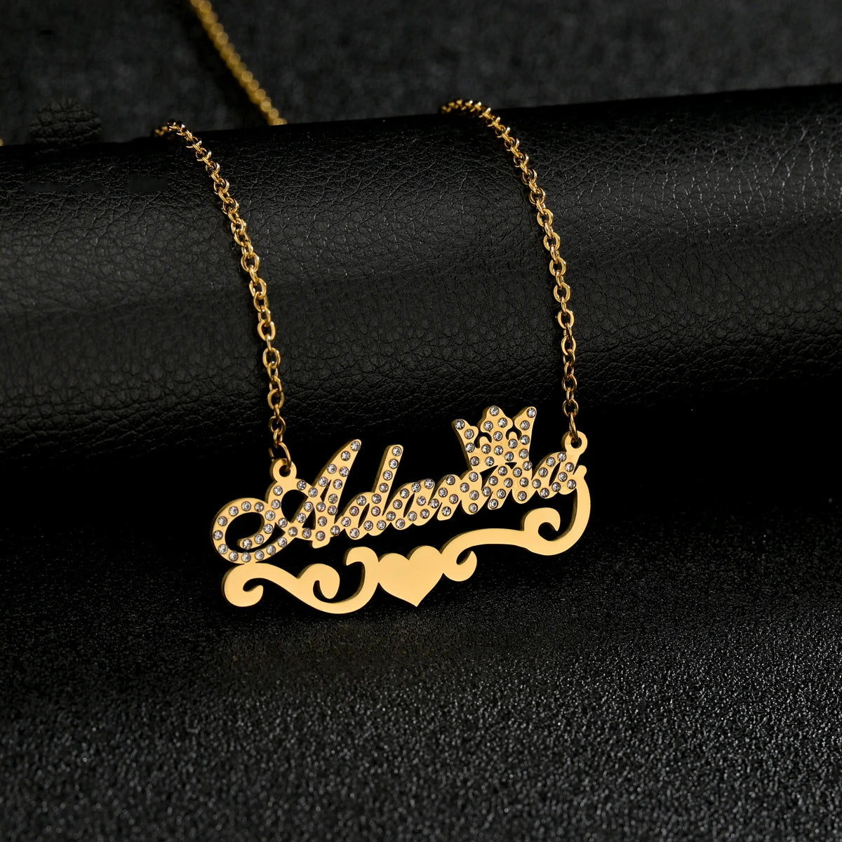 Atoztide Trendy Custom Frosted Name Letter Necklace Stainless Steel Personalized Crown Zircon Pendant for Women Jewelry Gift