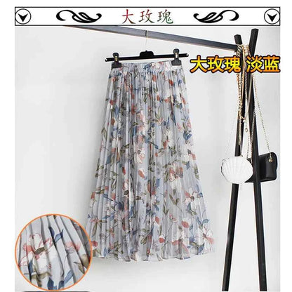 Women Summer Boho Chiffon Long Skirt Elegant Floral Print Pleated Skirts Elastic High Waist Casual Midi Skirt Women Clothes 2021