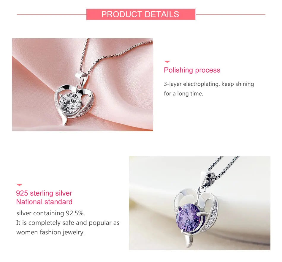 ZDADAN 925 Sterling Silver Heart Crystal Necklace For Women Fashion Jewelry Accessories