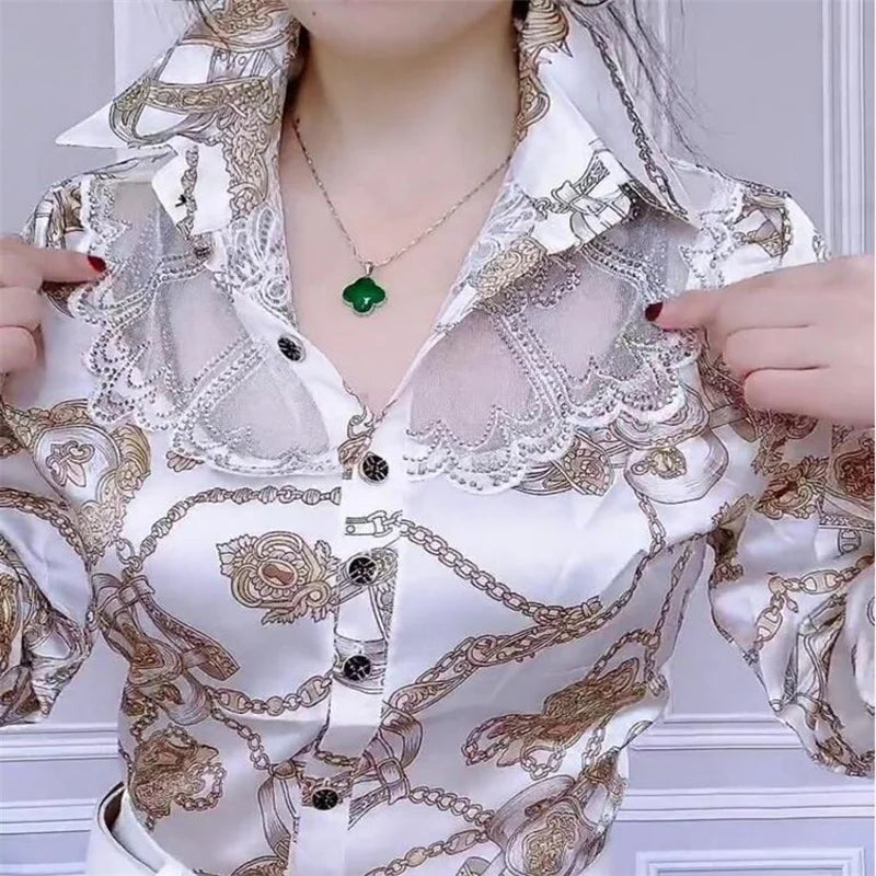 Trendy Streetwear Offce Women Blouses Hot drill Mesh Chiffon Shirts Long sleeve Lapel Buttons Female Blusas Tops Casual Shirts