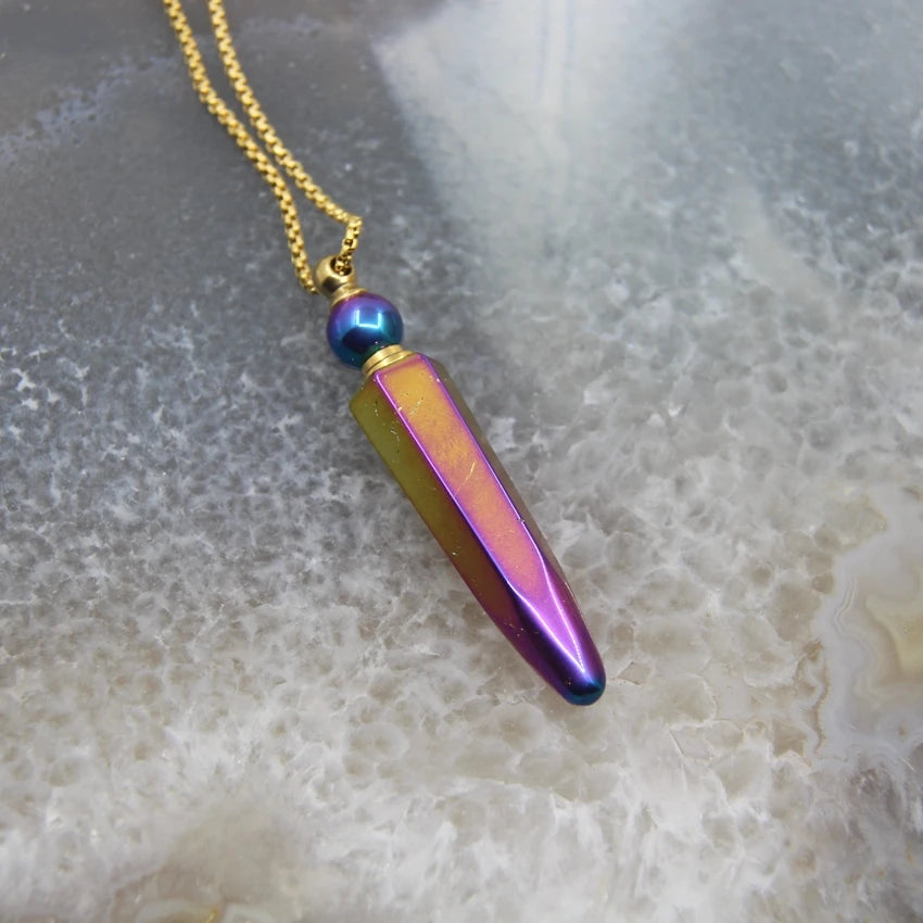 New! Rainbow Aura Titanium Raw Crystal Point Perfume Bottle Necklace Pendants,AB Quartz Essential Oil Diffuser Vial Charms Chain - AMULET RING STORE