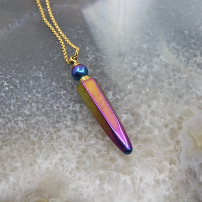 New! Rainbow Aura Titanium Raw Crystal Point Perfume Bottle Necklace Pendants,AB Quartz Essential Oil Diffuser Vial Charms Chain - AMULET RING STORE