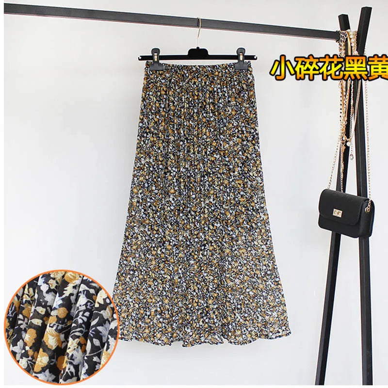 Women Summer Boho Chiffon Long Skirt Elegant Floral Print Pleated Skirts Elastic High Waist Casual Midi Skirt Women Clothes 2021