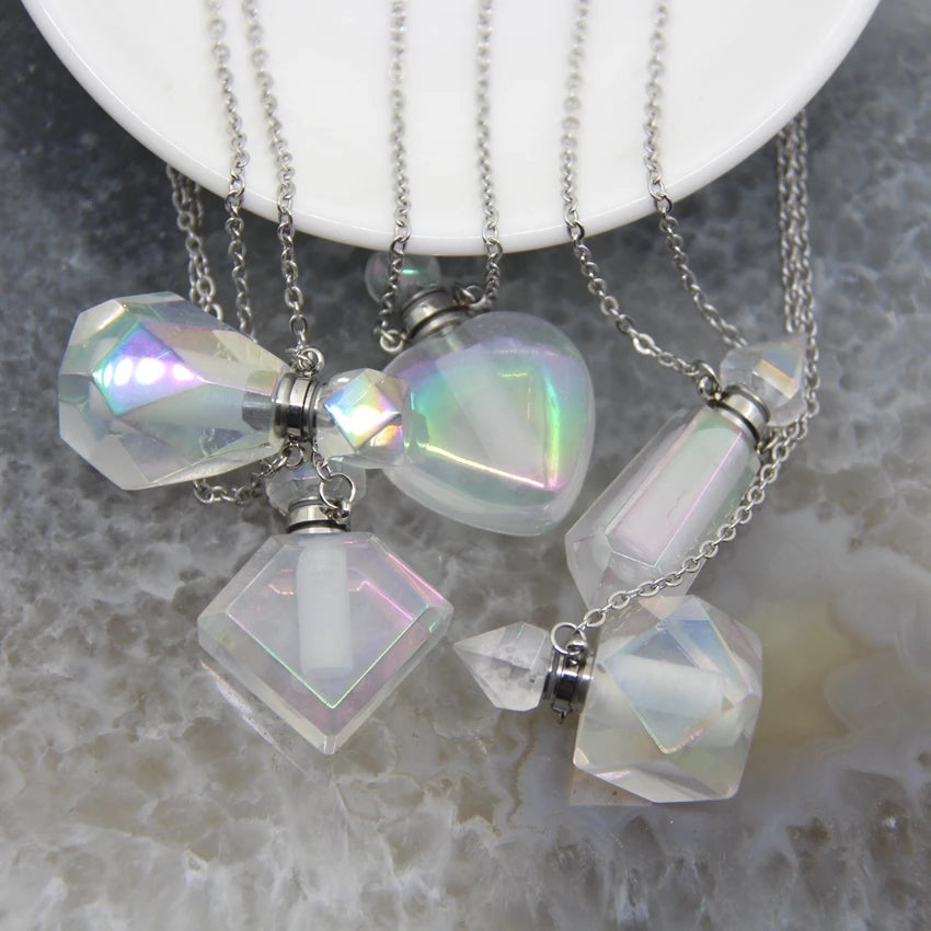 5 Shape Stainless steel Chains Rainbow Aura Crystal Perfume Bottle Pendant Necklace,AB Quartz Essential Oil Diffuser Vial Charms - AMULET RING STORE