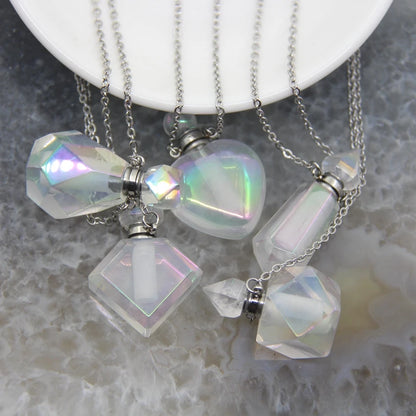 5 Shape Stainless steel Chains Rainbow Aura Crystal Perfume Bottle Pendant Necklace,AB Quartz Essential Oil Diffuser Vial Charms - AMULET RING STORE