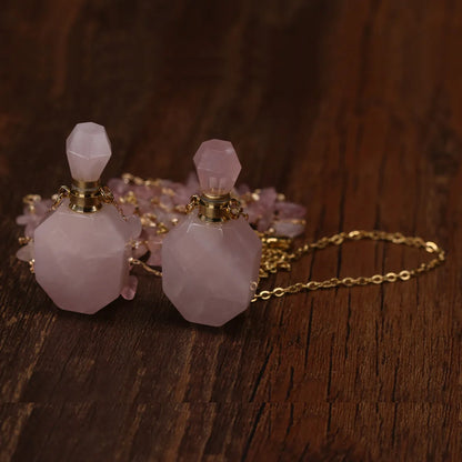 Natural Stone Perfume Bottle Necklace Pink Quartz Pendant Charms For Elegant Women Love Romantic Gift 60 CM - AMULET RING STORE