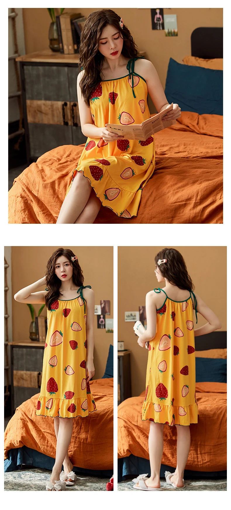 Women Nightgowns Cotton Night Dress Sexy Spaghetti Strap V-Neck Casual Home Dress Night Shirt Floral Print Sleepwear Nightwear - AMULET RING STORE