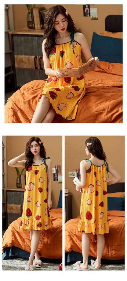 Women Nightgowns Cotton Night Dress Sexy Spaghetti Strap V-Neck Casual Home Dress Night Shirt Floral Print Sleepwear Nightwear - AMULET RING STORE