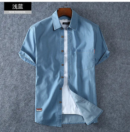 Men's Blue Denim Shirts Short Sleeve Jean Shirts New Summer High Quality Men Cotton Light Blue Denim Shirts Plus size L-8XL