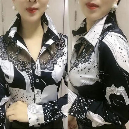 Trendy Streetwear Offce Women Blouses Hot drill Mesh Chiffon Shirts Long sleeve Lapel Buttons Female Blusas Tops Casual Shirts
