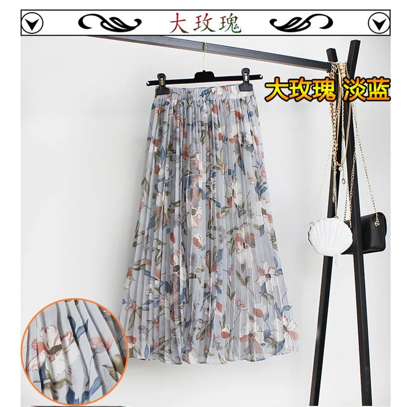 Women Summer Boho Chiffon Long Skirt Elegant Floral Print Pleated Skirts Elastic High Waist Casual Midi Skirt Women Clothes 2021